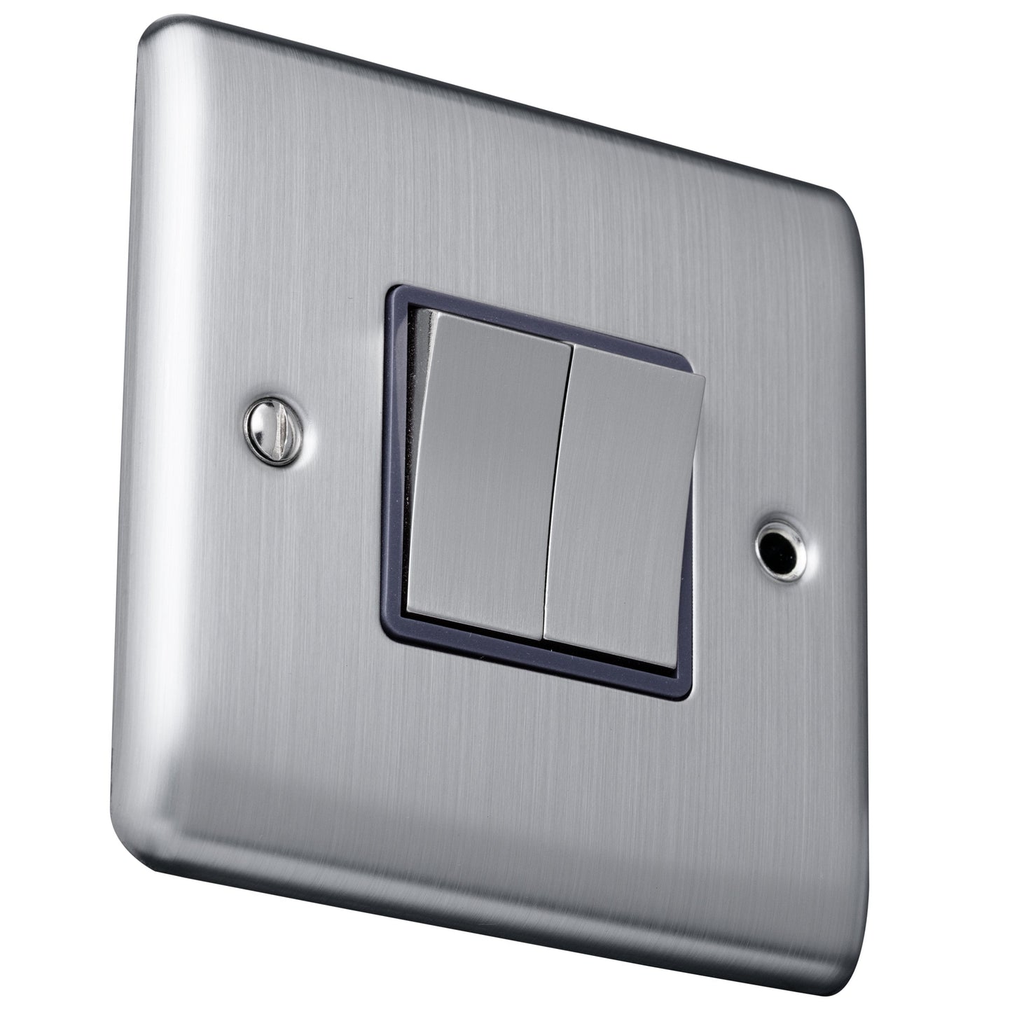 Caradok 2 gang 2 way plate switch Brushed Chrome, Metal Switch, Grey Insert