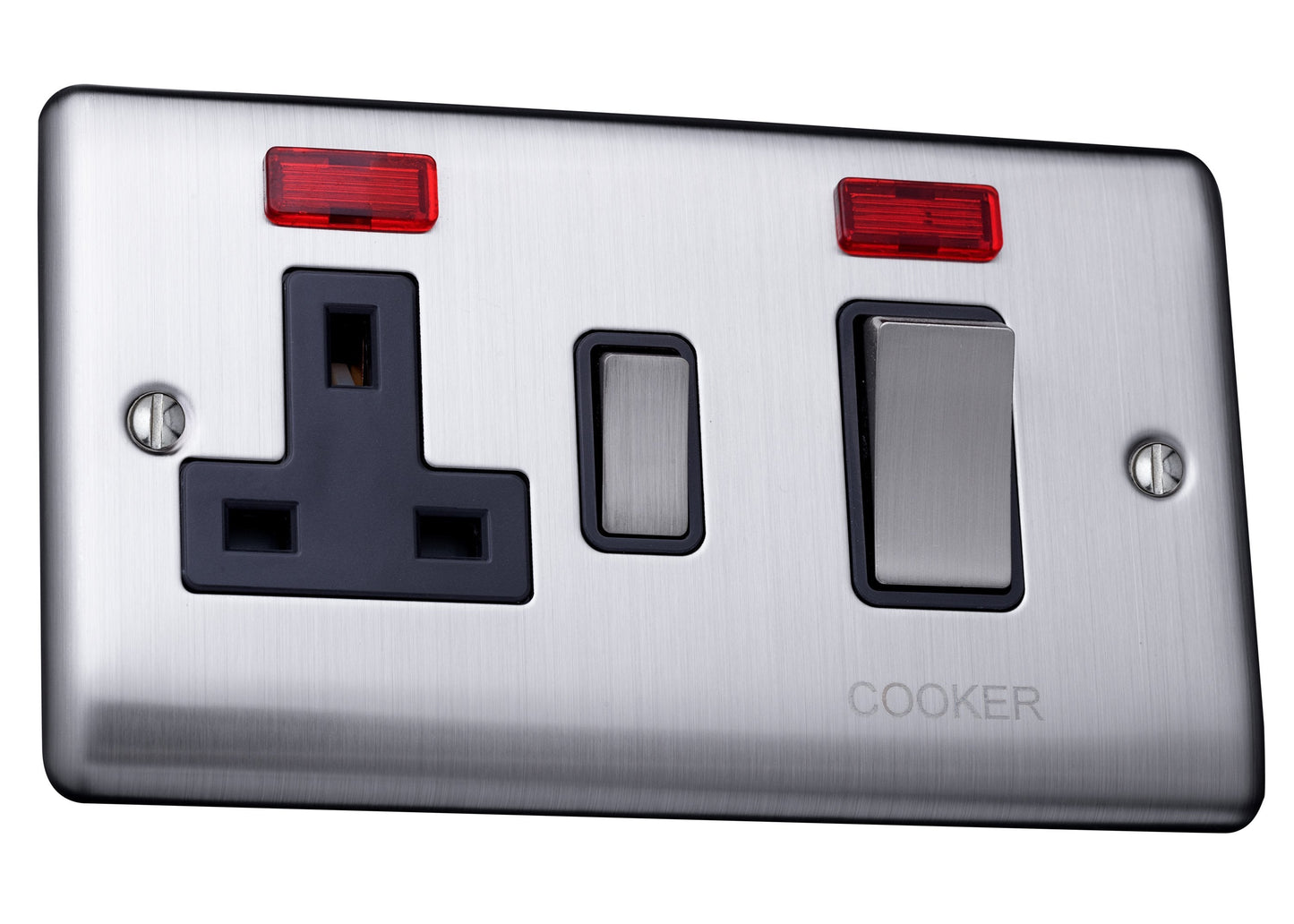Caradok 45A switch+neon+13Aswitched socket+neon Brushed Chrome, Metal Switch, Grey Insert