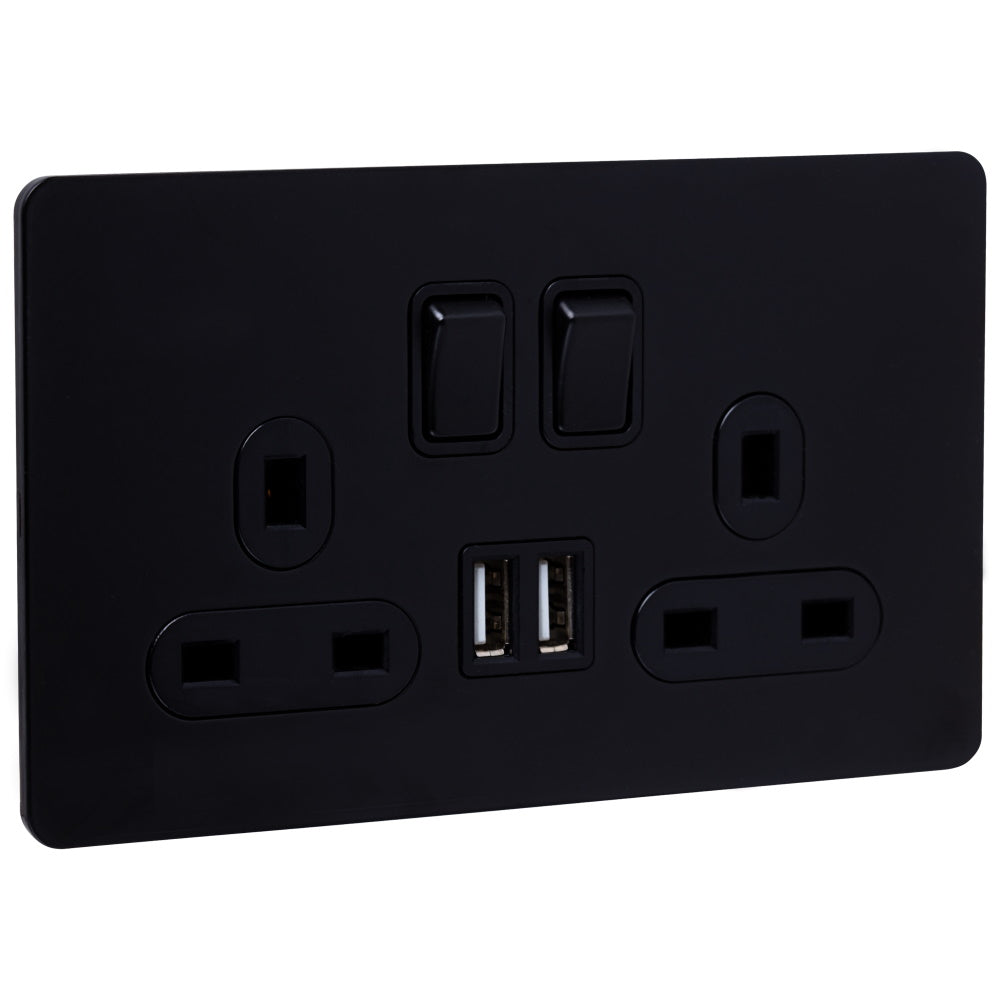 Caradok 2G Matt Black Socket With USB Outlets- The Screwless