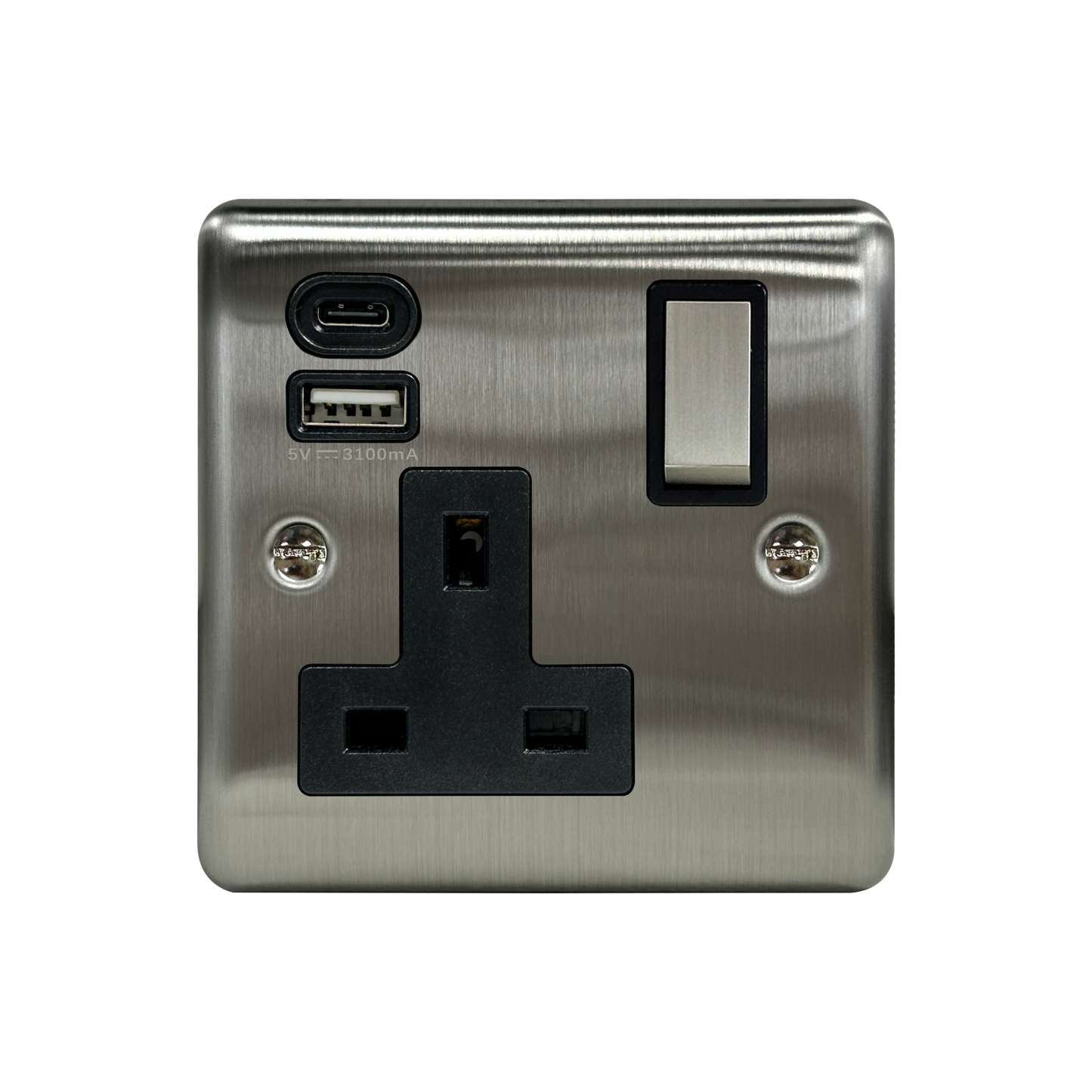 Caradok 1G 13A Switched Socket USB A + C Brushed Chrome Black Insert