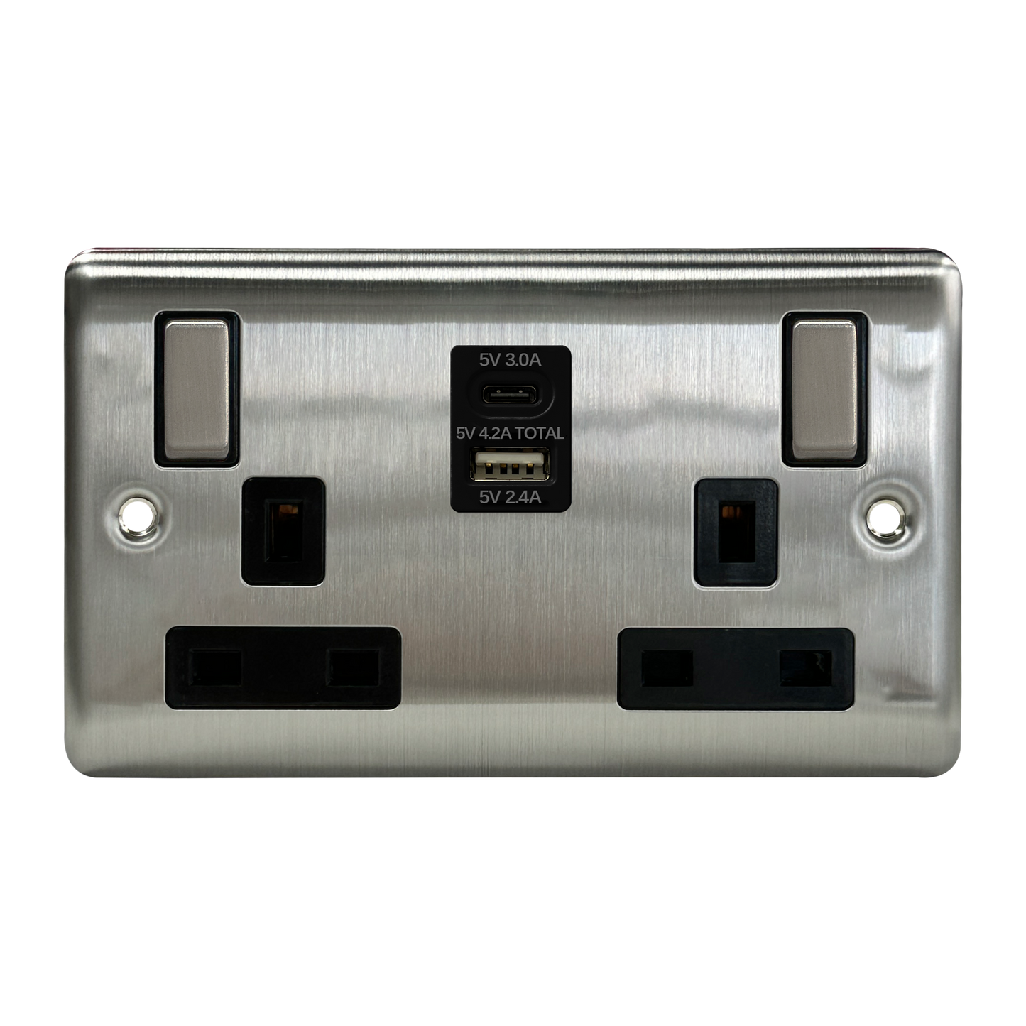 Caradok 2G 13A Switched Socket USB A + C Brushed Chrome Black Insert