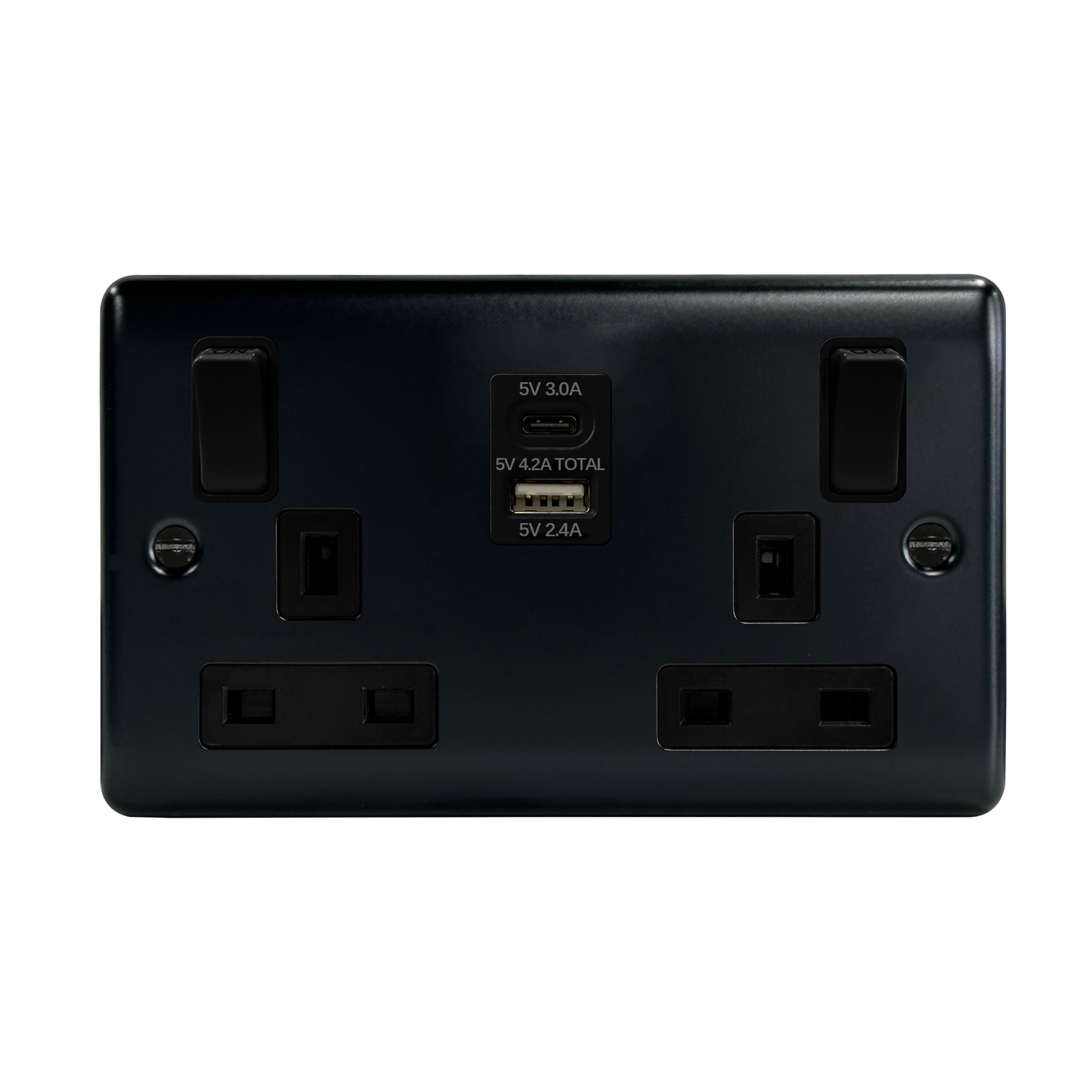 Caradok 2G 13A Switched Socket USB A + C Matt Black (Outboard Rockers)