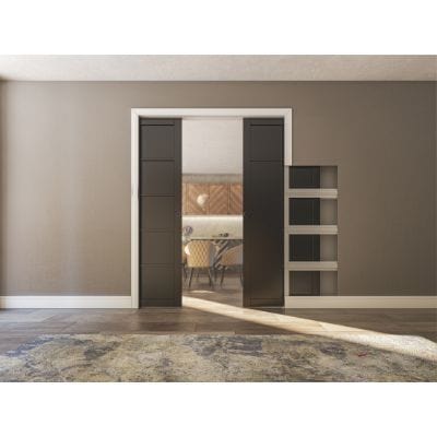 Double Pocket Door Sliding Kit + Handle & Doorjamb 125mm White Frame + Black Hardware - All Sizes