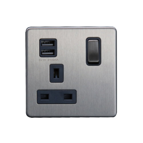 Caradok 1G 13A Switched Socket 2 USB A 2.1A Brushed Chrome Grey Insert
