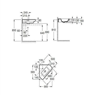 Dama-N 650mm Wall-Hung Corner Basin 1 Tap Hole