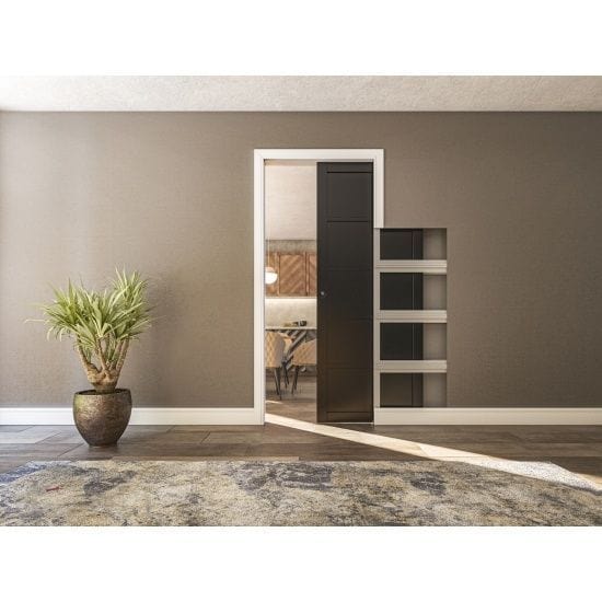Single Pocket Door Sliding Kit + Handle & Doorjamb 100mm White Frame + Black Hardware - All Sizes