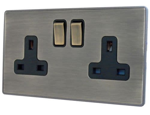 Caradok Screwless Premium Vintage Brass Metal 2 Gang 13A Switched Plug Socket
