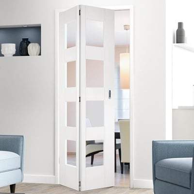 Shaker White Primed Bi-Fold 4 Glazed Clear Light Panels Interior Door - 1981mm x 762mm