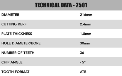 216mm x 30mm x 2.4mm 36T ATB (Neg Rake) Festool KS60 Circular Saw Blade - 2501