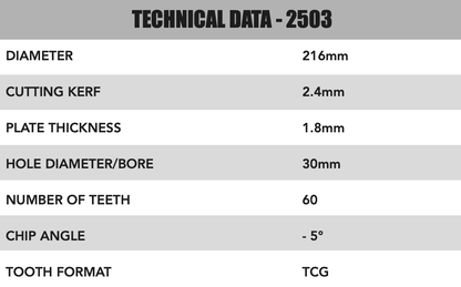 216mm x 30mm x 2.4mm 60T (TCG Neg Rake) Ali Blade - 2503
