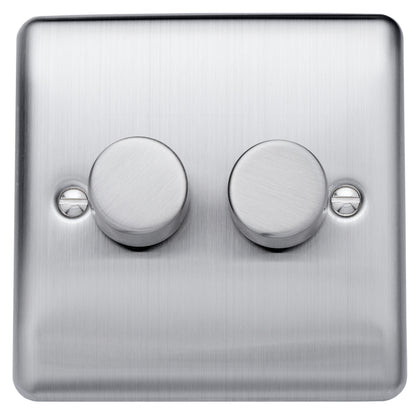 Caradok 100W 2 gang 2way LED Dimmer Switch Brushed Chrome, Metal Switch, Grey Insert