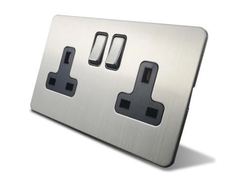 Caradok 2 Gang 13A Screwless Brushed Steel Plug Socket