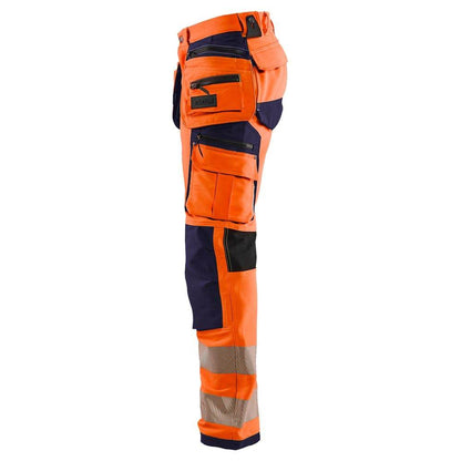 Blaklader 1997 Hi-Vis 4-Way Stretch Holster Pocket Kneepad Work Trousers Orange/Navy Blue, 34" Waist Long Leg