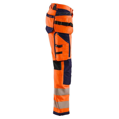 Blaklader 1997 Hi-Vis 4-Way Stretch Holster Pocket Kneepad Work Trousers Orange/Navy Blue, 34" Waist Long Leg
