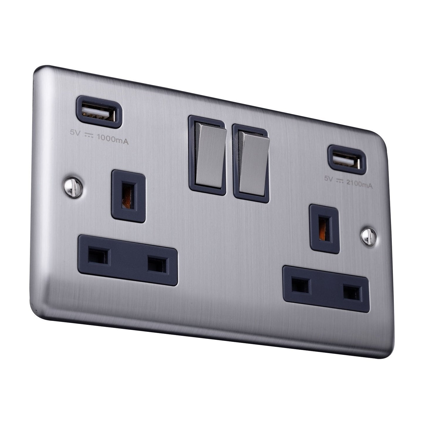Caradok 2 Gang Double Pole switched socket with USB sockets - Brushed Steel