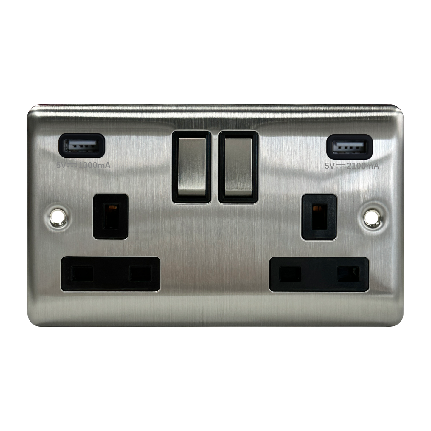 Caradok 2G 13A Switched Socket 2 USB A 3.1A Brushed Chrome Black Insert