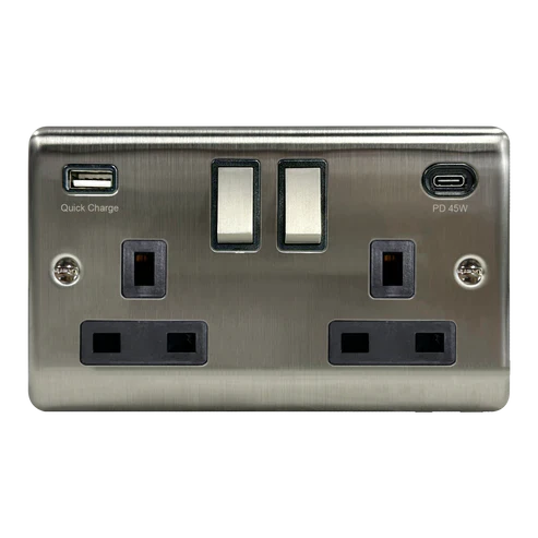 Caradok 2G 13A SP Switched Socket USB A + C 45W Quick Charge Brushed Chrome Grey Insert