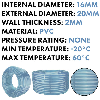 Clear Flexible Hose Pipe 16mm Inside Diameter / 20mm Outside Diameter
