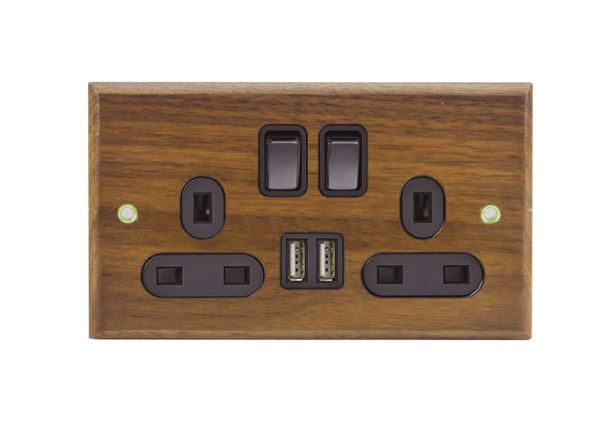 Caradok 2 Gang 2 x USB Walnut Wood Plug Socket