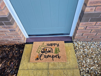 Doormat 60cm x 40cm - 'Happy Camper' - Absorbent Coir Mat for Indoor/Outdoor