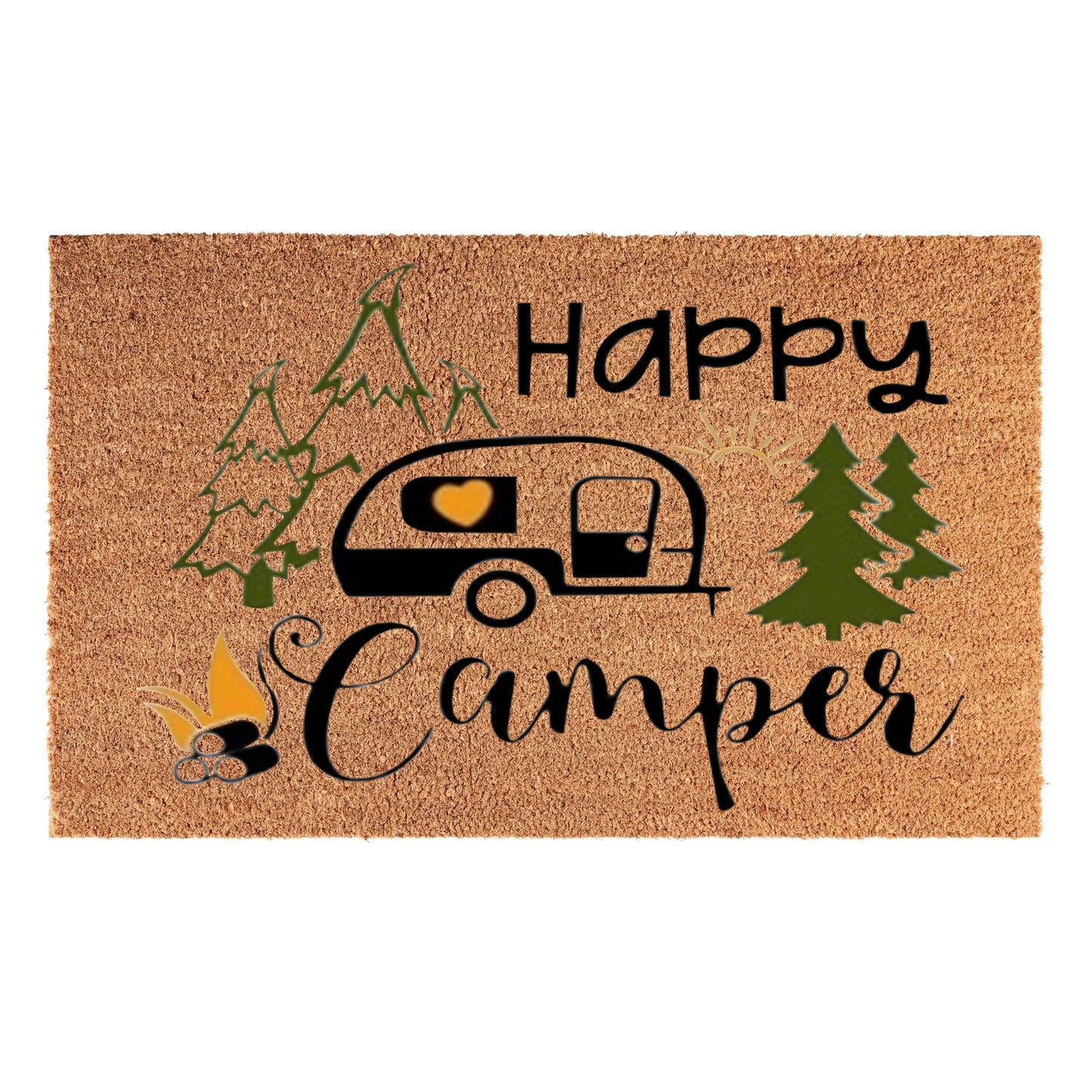 Doormat 60cm x 40cm - 'Happy Camper' - Absorbent Coir Mat for Indoor/Outdoor