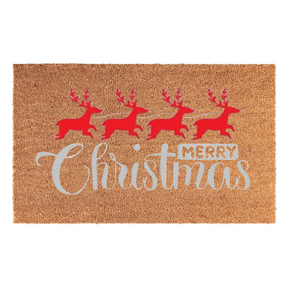 Doormat 60cm x 40cm - 'Merry Christmas' (Red/Silver) - Absorbent Coir Mat for Indoor/Outdoor