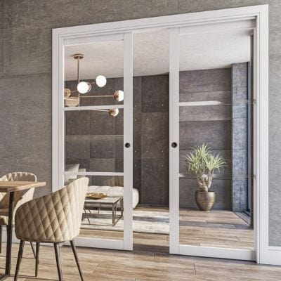 Double Pocket Door Kit + Handle & Doorjamb 100mm Oak Frame + Black Hardware - All Sizes