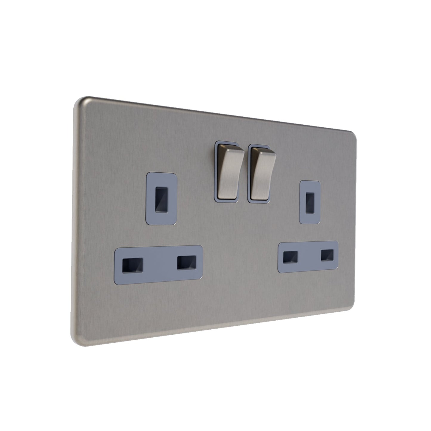 Caradok 13A 2G DP Switched Socket Brushed Chrome Grey Insert