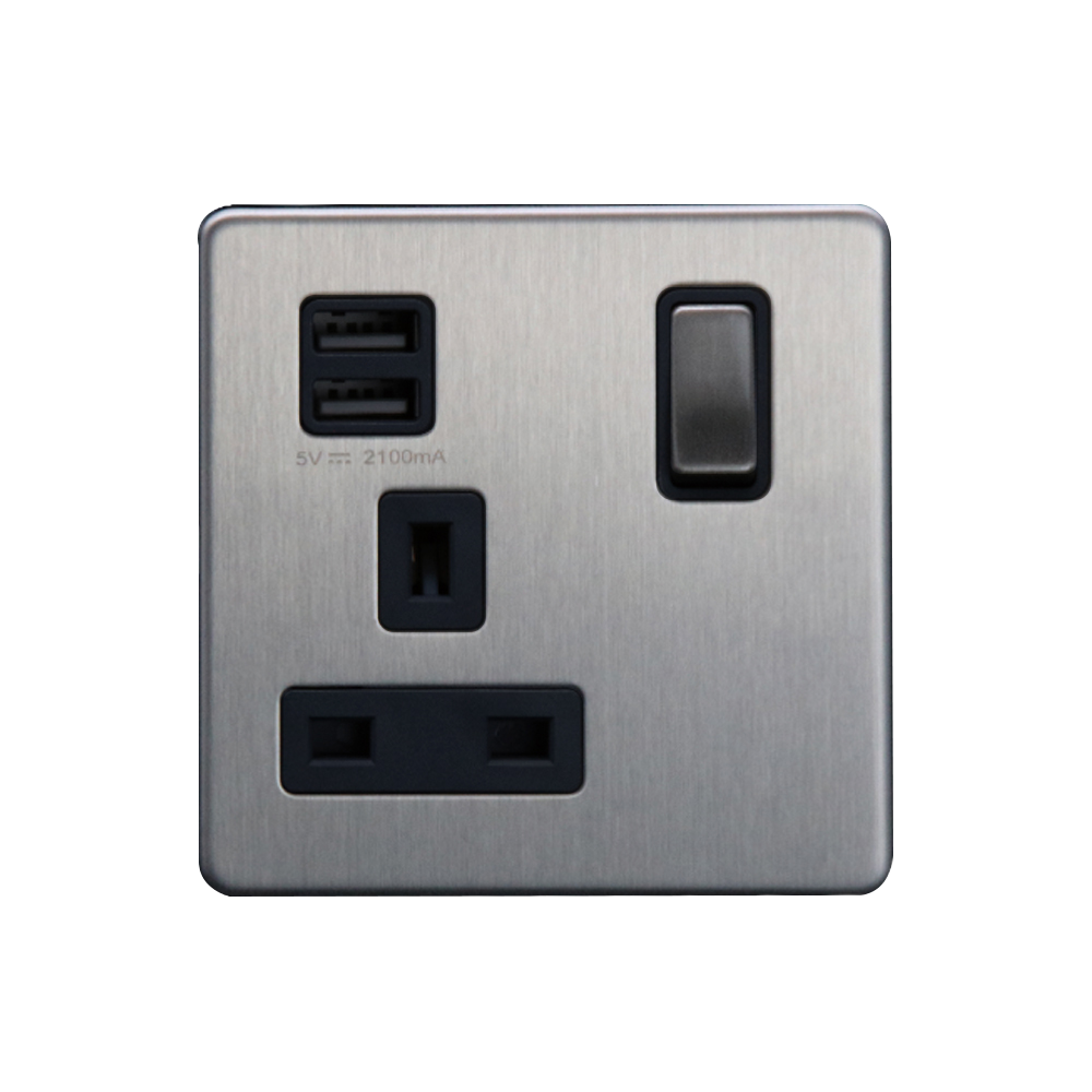 Caradok 1G 13A Switched Socket 2 USB A 2.1A Brushed Chrome Black