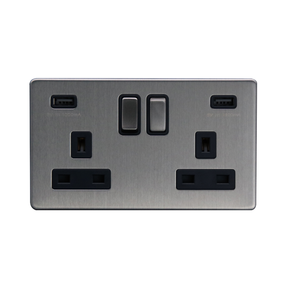 Caradok 2G 13A Switched Socket 2 USB A 3.1A Brushed Chrome Black