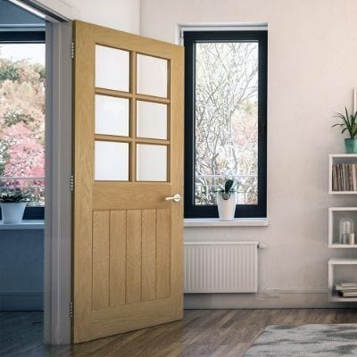 Ely Oak Unfinished 6 Glazed Bevelled Light Panels Internal Door - All Sizes