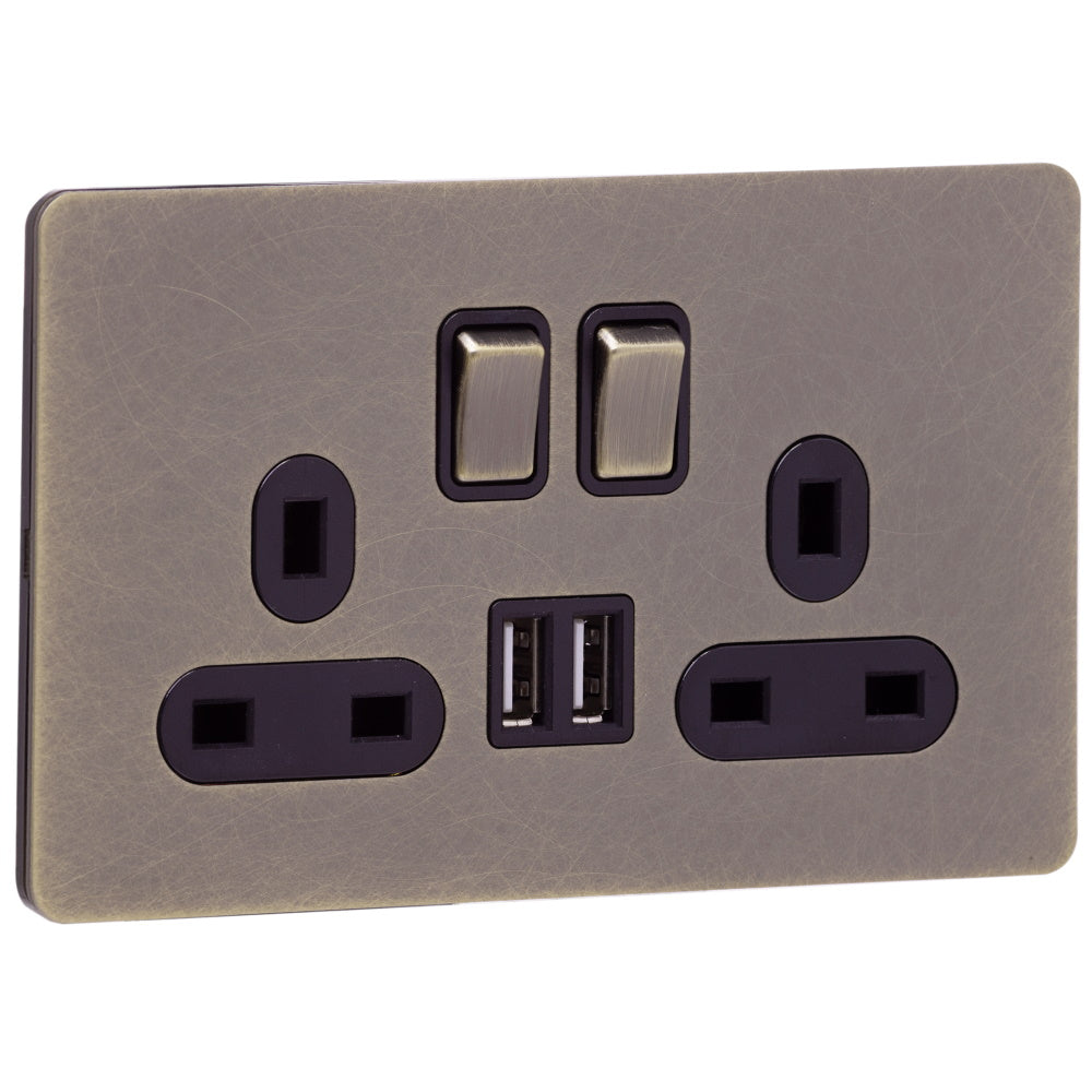 Caradok Screwless Antique Brass Socket - 2 Gang with Dual USB Charging Ports - The Georgian