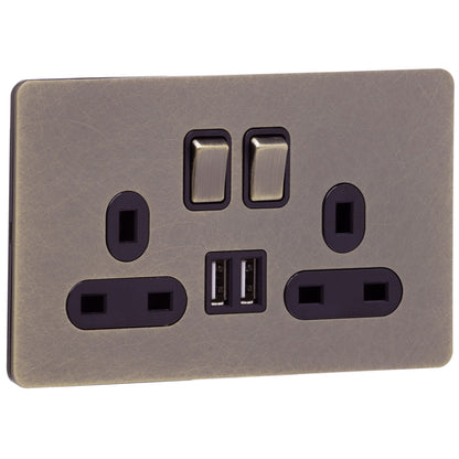 Caradok Screwless Antique Brass Socket - 2 Gang with Dual USB Charging Ports - The Georgian