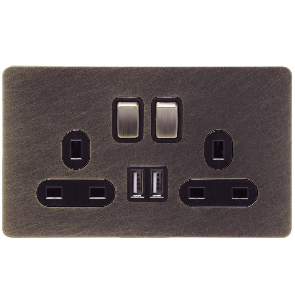 Caradok Screwless Antique Brass Socket - 2 Gang with Dual USB Charging Ports - The Georgian