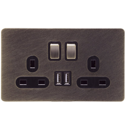 Caradok Screwless Antique Brass Socket - 2 Gang with Dual USB Charging Ports - The Georgian