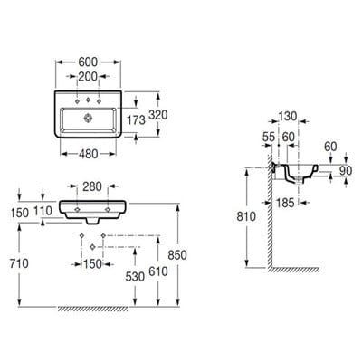 Debba 450mm Wall-Hung Basin 2 Tap Holes