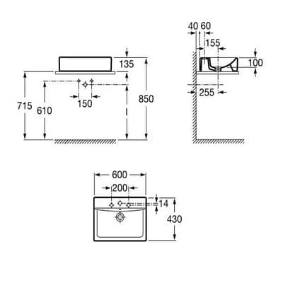Diverta 600mm Over Countertop Basin 1 Tap Hole