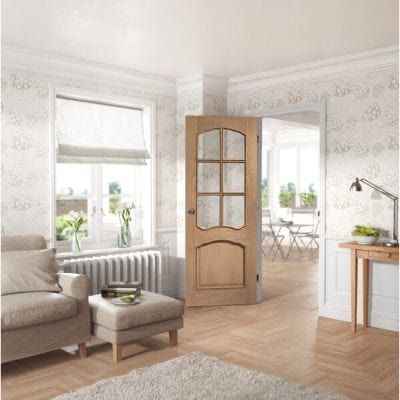 Riviera Internal Oak Door With Raised Mouldings and Clear Bevelled Glass