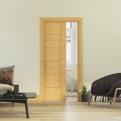 Single Pocket Door Sliding Kit + Handle & Doorjamb 125mm Oak Frame + Satin Chrome Hardware - All Sizes