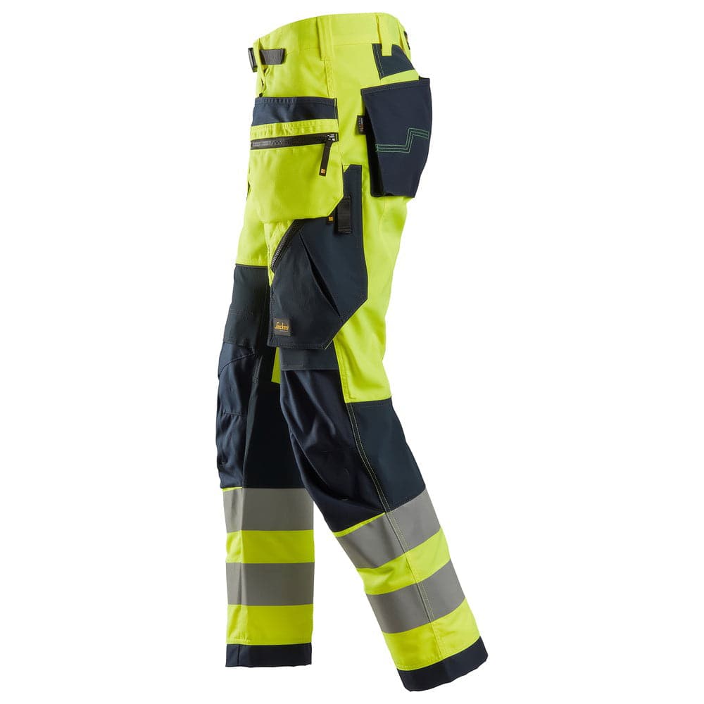 Snickers 6932 FlexiWork Hi-Vis Work Trousers Holster Pockets CL2 Yellow 35" Waist / 32" Leg - Snickers Size 50