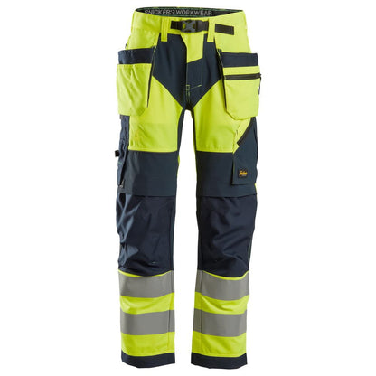Snickers 6932 FlexiWork Hi-Vis Work Trousers Holster Pockets CL2 Yellow 35" Waist / 32" Leg - Snickers Size 50
