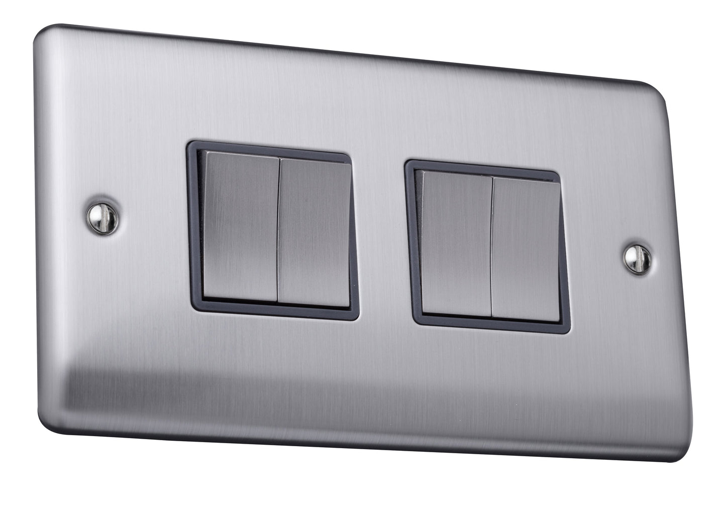 Caradok 4 gang 2 way plate switch Brushed Chrome, Metal Switch, Grey Insert