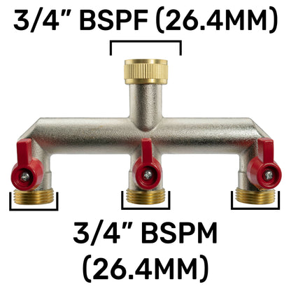 Three Way Tap Splitter Brass 3/4" BSP with Quick Connect Outlets