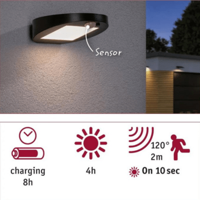 Outdoor Solar Wall Luminaire Ryse IP44 3000K 145lm Motion Sensor - Anthracite
