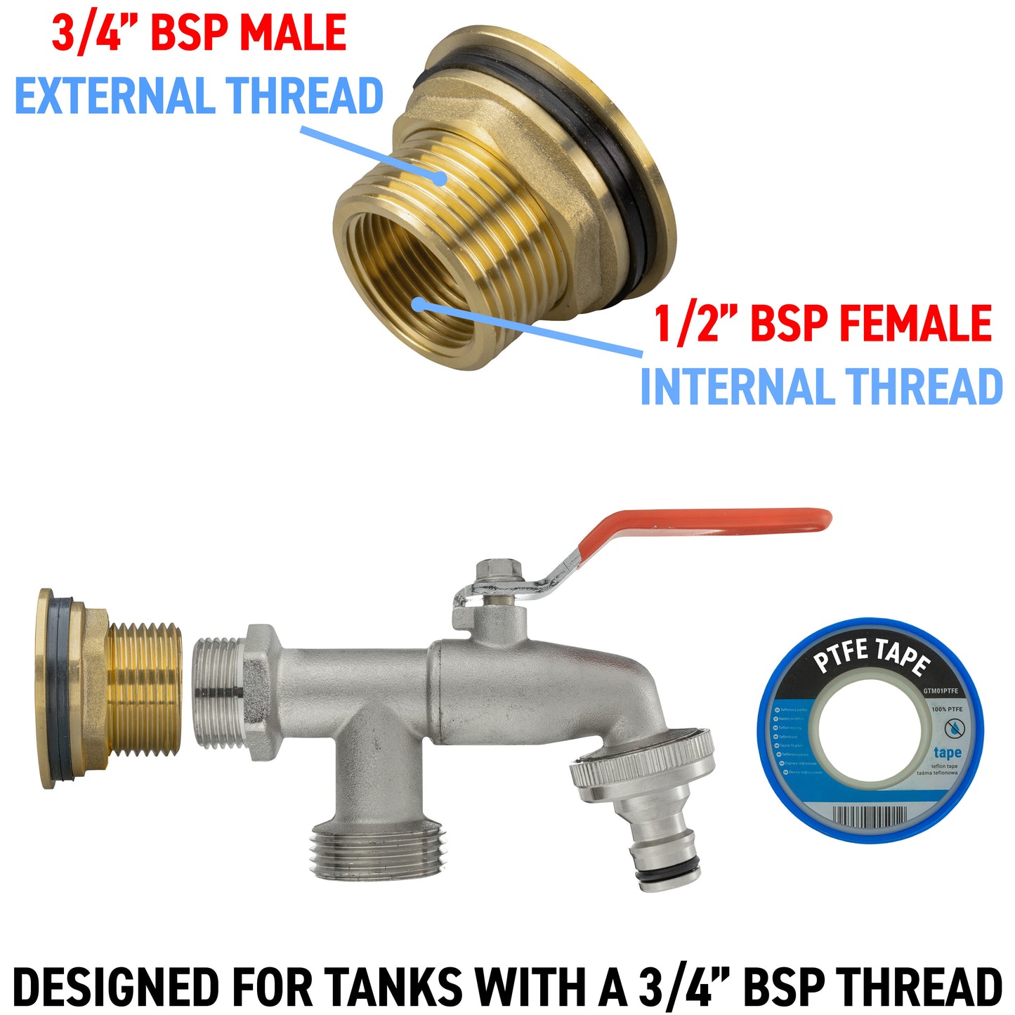 Water Butt Brass Kit 3/4" with Double Tap and Drill Bit