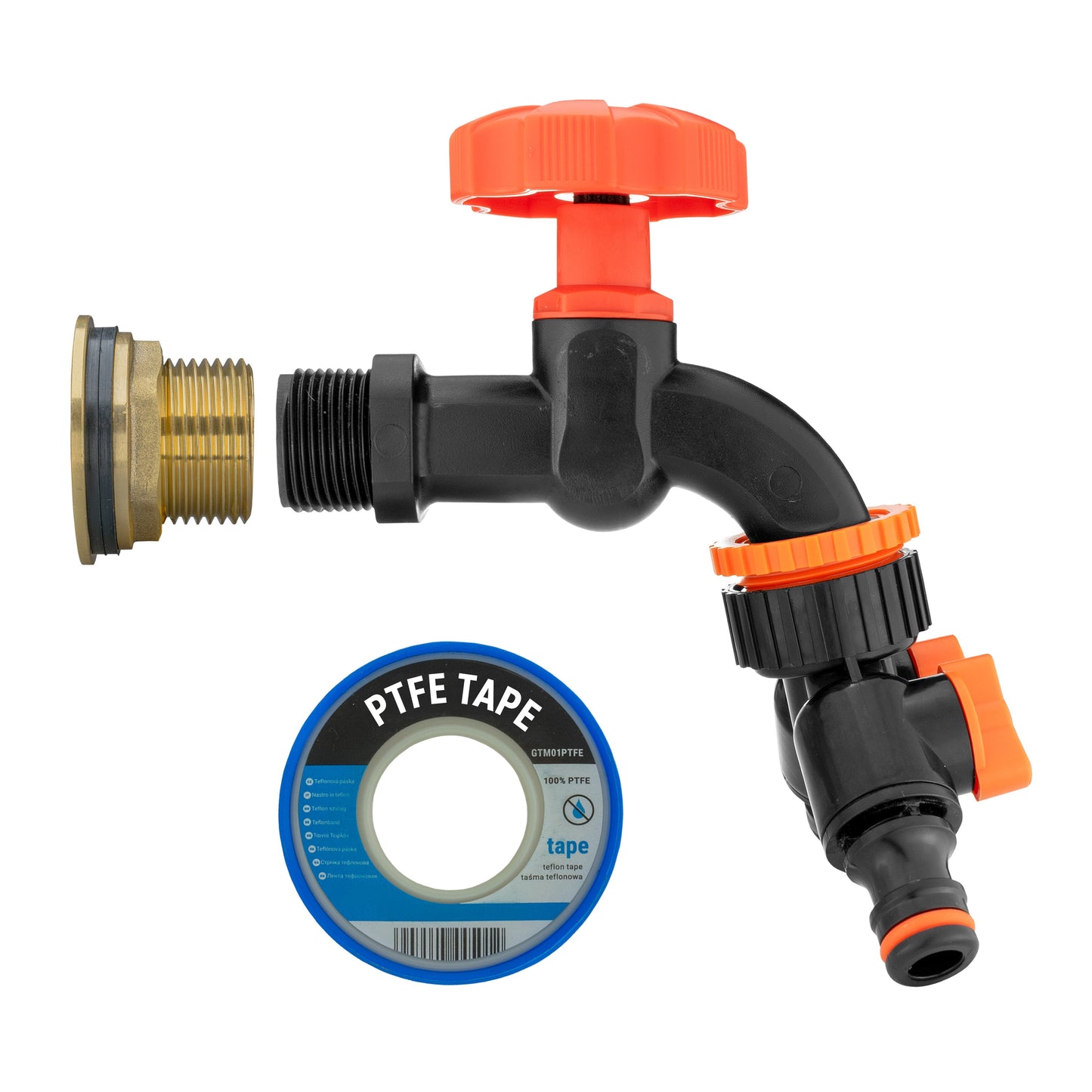 Water Butt Brass Kit 3/4" with Black Dial Tap + Two-Way Splitter and Drill Bit