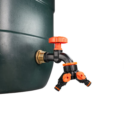 Water Butt Brass Kit 3/4" with Black Dial Tap + Two-Way Splitter and Drill Bit