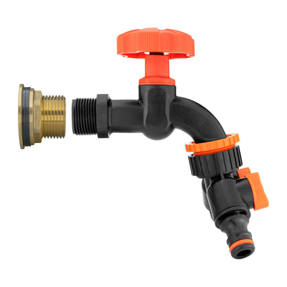 Water Butt Brass Kit 3/4" with Black Dial Tap + Two-Way Splitter and Drill Bit