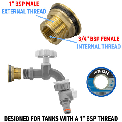 Water Butt Brass Kit 1" with Grey Dial Tap + Two-Way Splitter