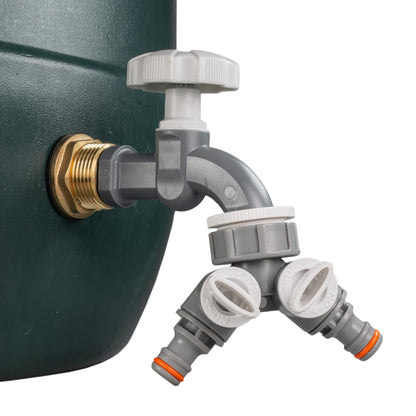 Water Butt Brass Kit 1" with Grey Dial Tap + Two-Way Splitter